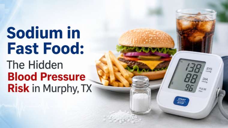 Fast food combo meal next to a blood pressure cuff, representing sodium in fast food and heart health in Murphy, TX