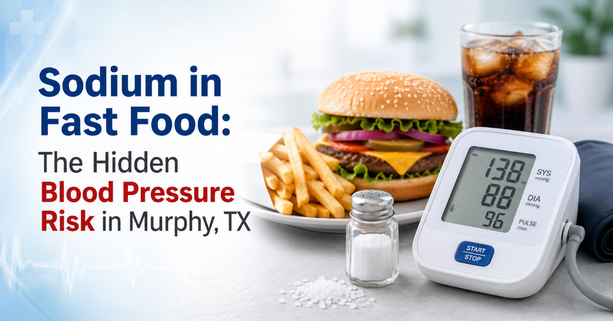 Fast food combo meal next to a blood pressure cuff, representing sodium in fast food and heart health in Murphy, TX
